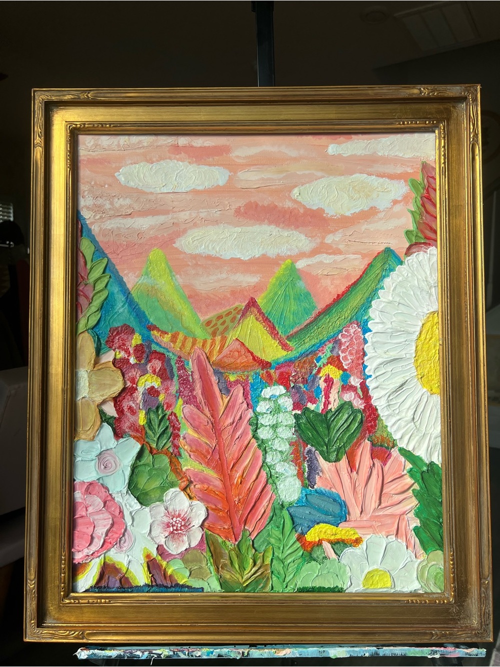 Textured Floral Landscape Painting in Peach, Pink & Green - Picture 5 of 10